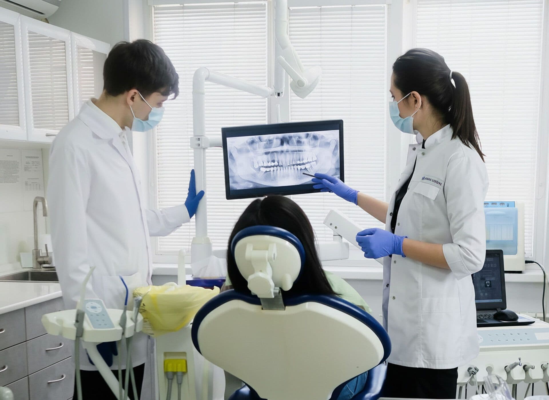 Two dental professionals reviewing a dental X-ray with a patient